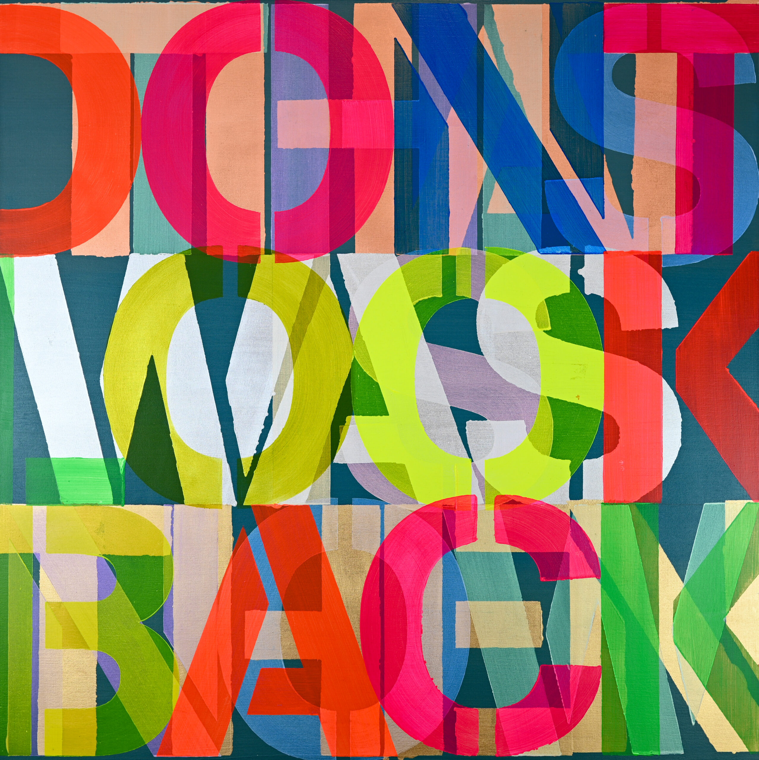 dont look back (mixed metal leaf), 76x76x2.3cm, metal leaf and acrylic on panel, 2024, rise