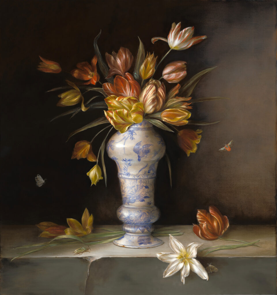 Double baluster Delft Blue vase (1685) with Dutch heritage tulips (1620-1903) and insects